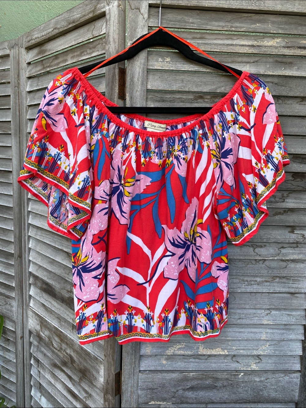 Flying Tomato Red Floral Off-Shoulder Blouse with Pink and Blue Accents